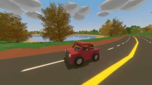 A red car on an open road in Unturned.