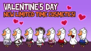 8 Ducks lined up wearing valentine