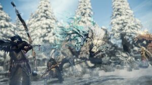 Hunters fight a Wolf-like giant animal.