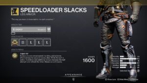 Destiny 2 - How to Get the Speedloader Slacks Boots - Boots in inventory.