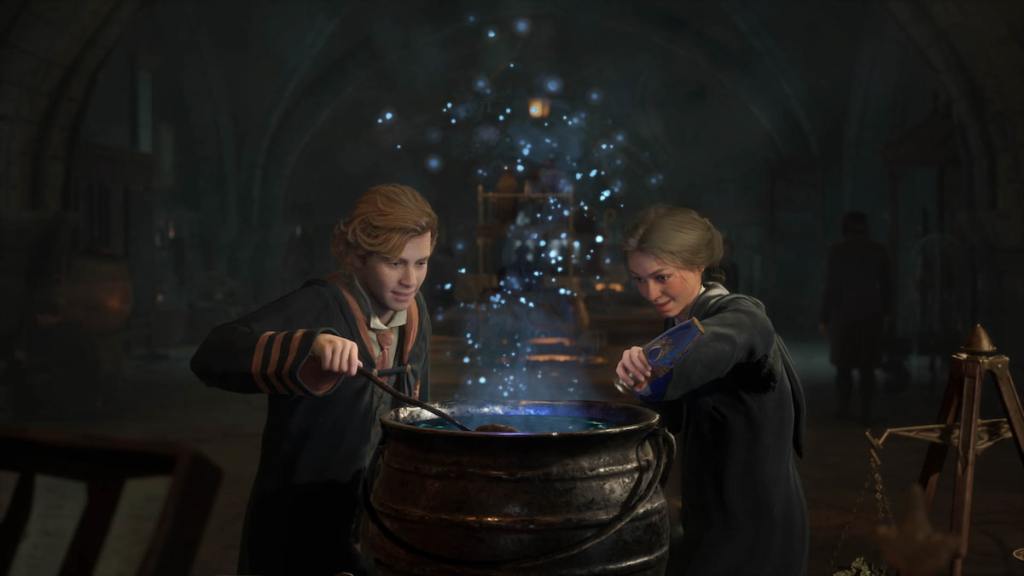 Dois alunos fazendo poções em Hogwarts Legacy.