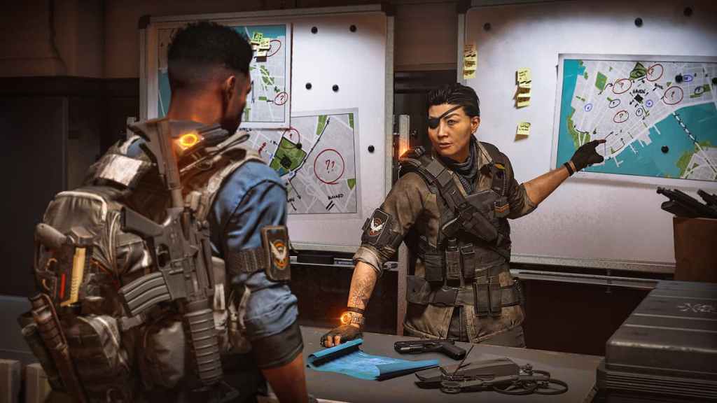 Um personagem instruindo outro personagem sobre uma missão em The Division 2