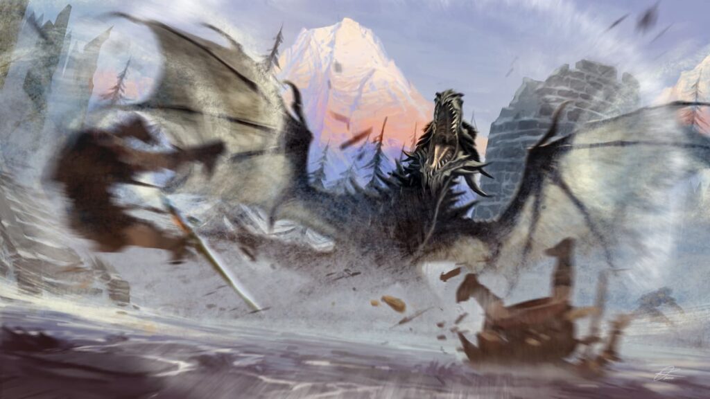 Cena de batalha do dragão em Skyrim Elder Scrolls V