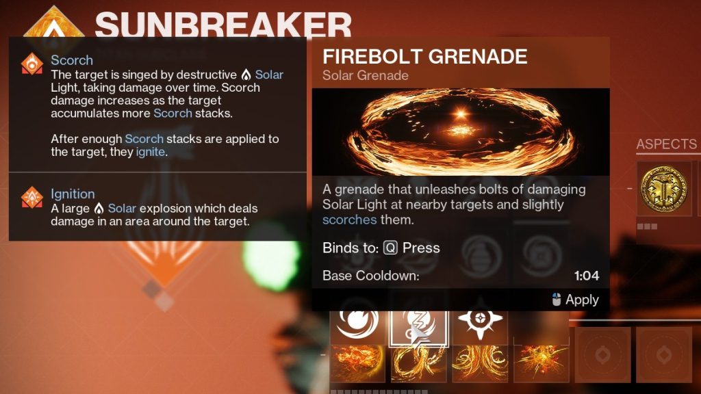 Como usar Firebolt Grenade efetivamente em Destiny 2 - Firebolt Grenade no menu de classe.