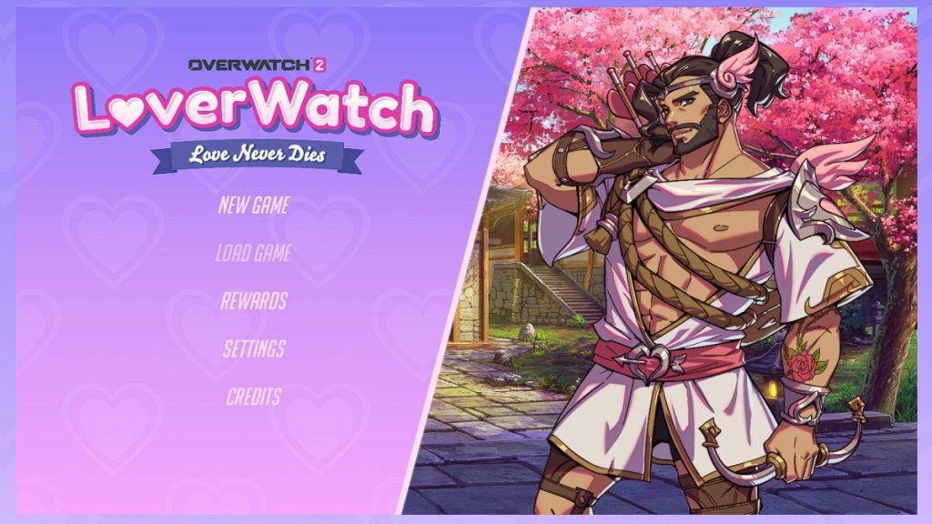 Menu principal LoverWatch com Cupido Hanzo