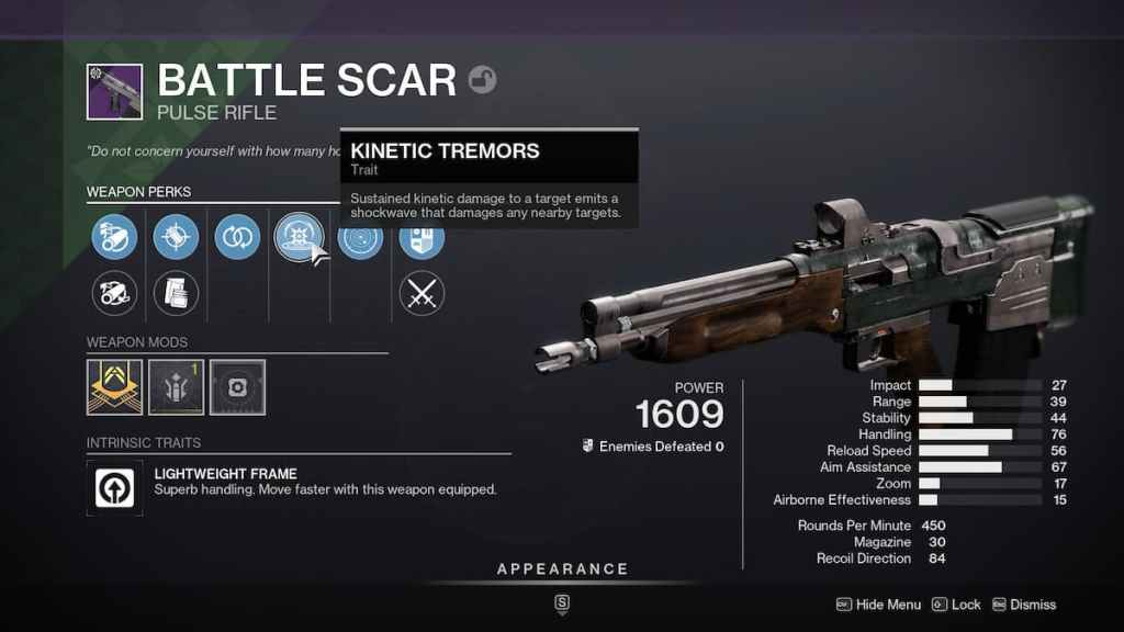 O que o Kinetic Tremors Perk faz em Destiny 2 Lightfall?  Tremores cinéticos no rifle de pulso.