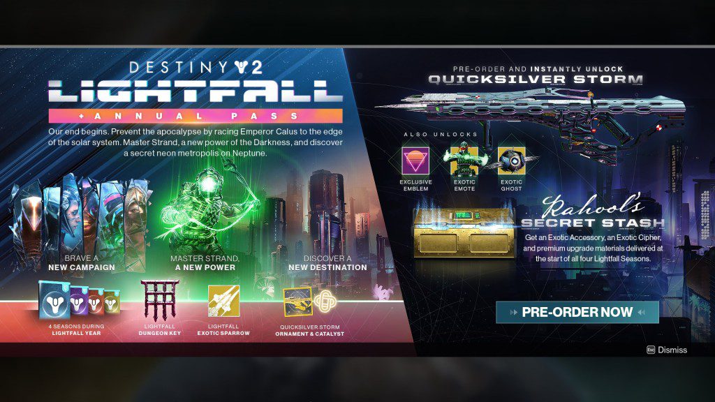 O que vem com a pré-encomenda de Destiny 2 Lightfall?  Tela de pré-encomenda no jogo. 