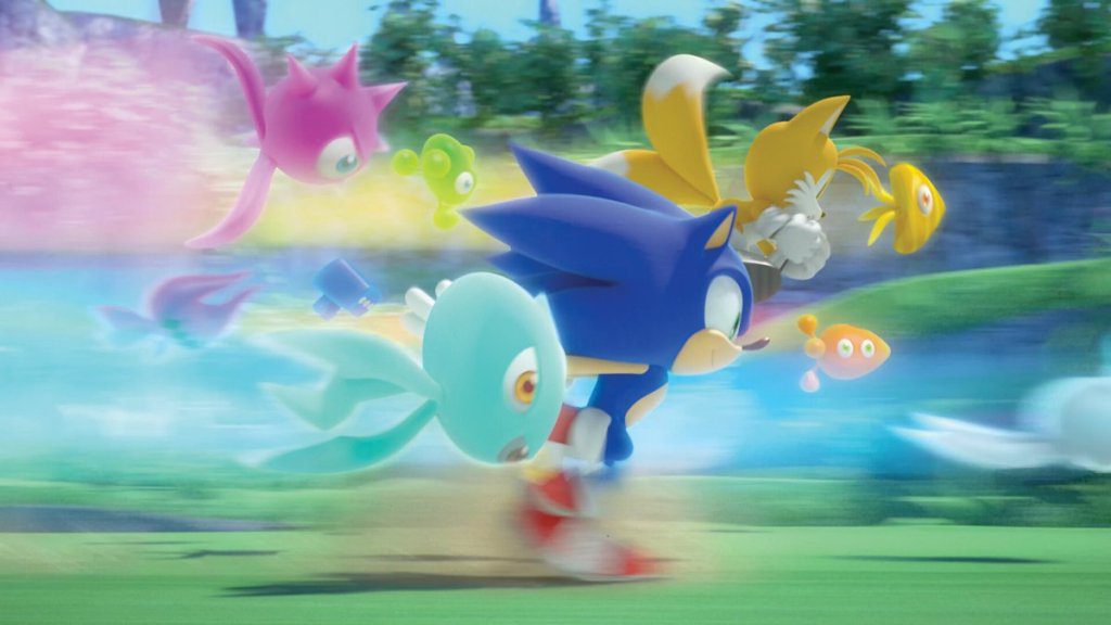 Sonic e Tails correndo com personagens estranhos