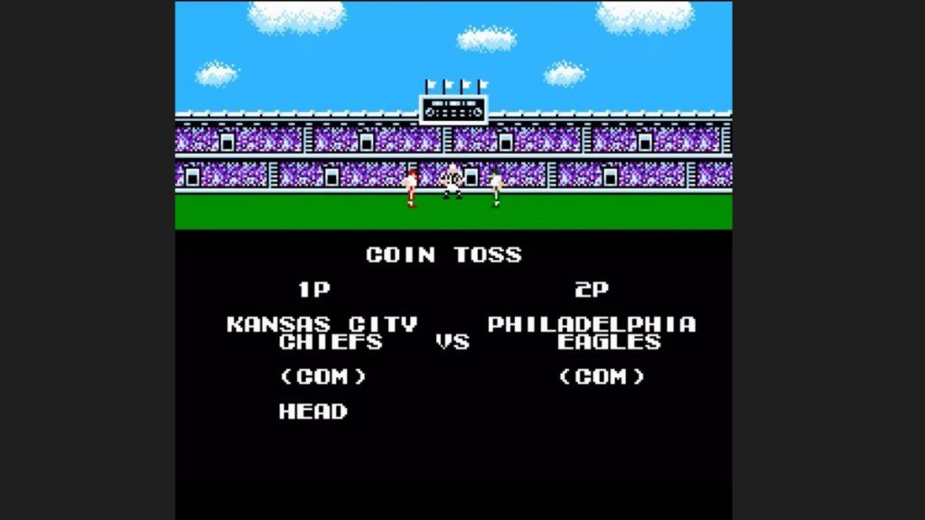 Um cara ou coroa entre o Kansas City Chiefs e o Philadelphia Eagles no Tecmo Bowl