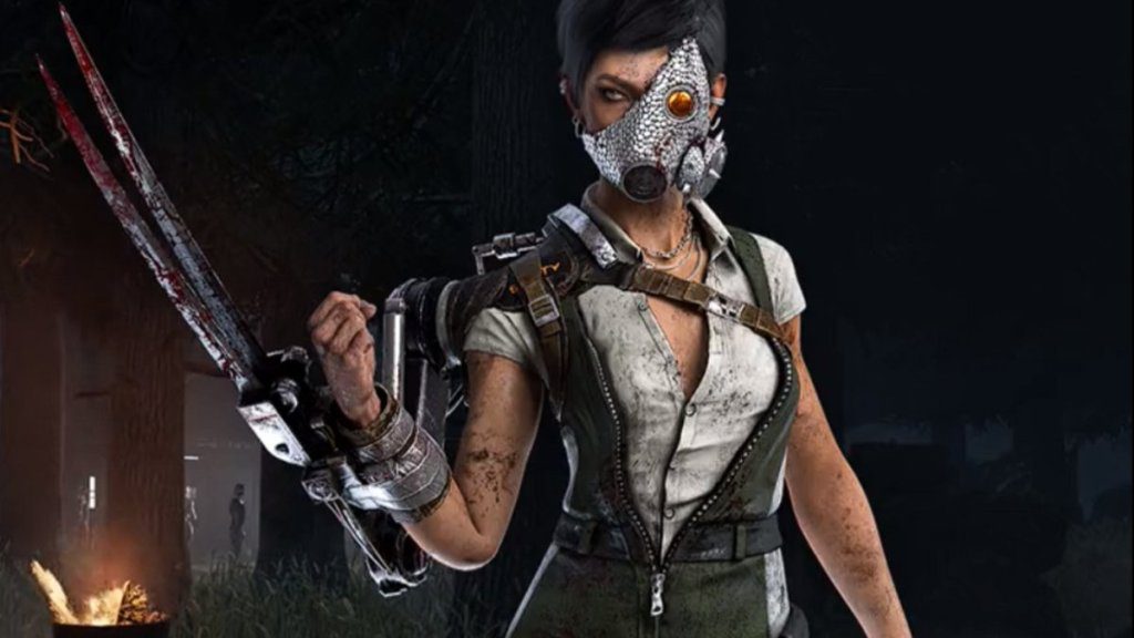 Uma mulher com uma máscara futurista e garra de metal