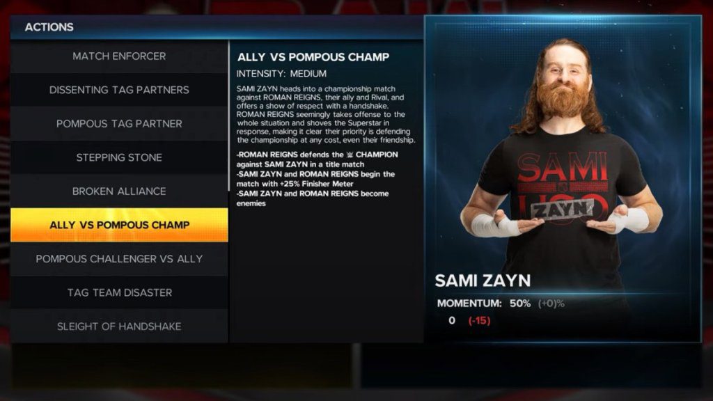 WWE 2K23 Cutscene Selector com Sami Zayn em destaque