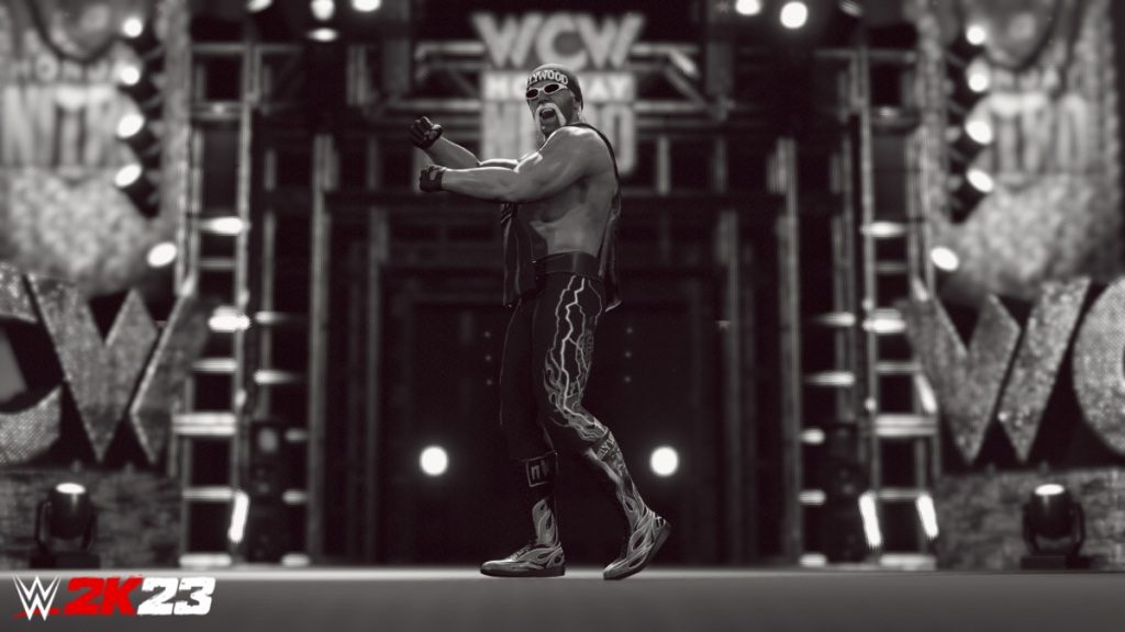 Hollywood Hulk Hogan posando na WCW Nitro Arena
