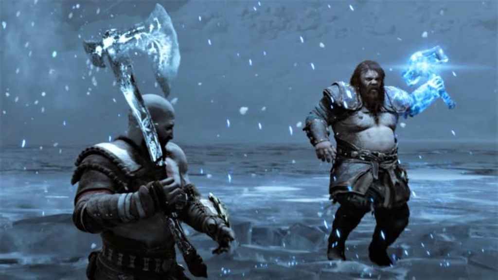 Kratos vs Thro em god of war ragnarok captura de tela