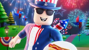 Roblox character in red, white, and blue clothing holding a plate with a hot dog.