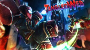 Promotional artwork for Roblox Tangled-Web showing a Spider-Man Roblox character swinging with web.