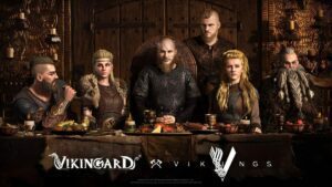 A group of blonde vikings stand behind a table in a family photo