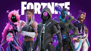 A grouping of five Fortnite characters including a character with an eight ball for a face, Joy, a root character with pink flowers and a couple more