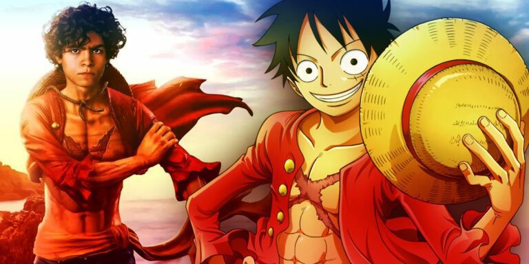 Iñaki Godoy as Monkey D. Luffy in the love-action Netflix show One Piece, and Monkey D. Luffy as seen in anime One Piece