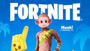 A cartoonish monkey under the Fortnite logo with the creator's Twitter account next to it