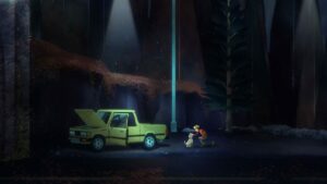 Jacob Summers in Oxenfree 2 petting a dog and kneeling near a broken down yellow truck.