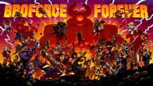 An image featuring all the characters from Broforce fighting demons with a large version of the Devil in the background