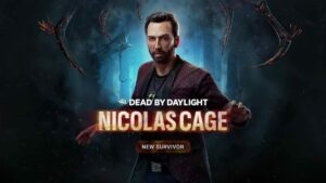 The Nicolas Cage character model in Dead by Daylight, with company's logo and his name appearing below him as well as the text "New Survivor"