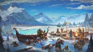 A frozen tundra in Kindgoms Reborn art style, showing a bunch of people standing around s boat and fish they've caught