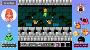 A screenshot from Gimmick! Special Edition showing the character jumping with a star above monsters with shields and maces