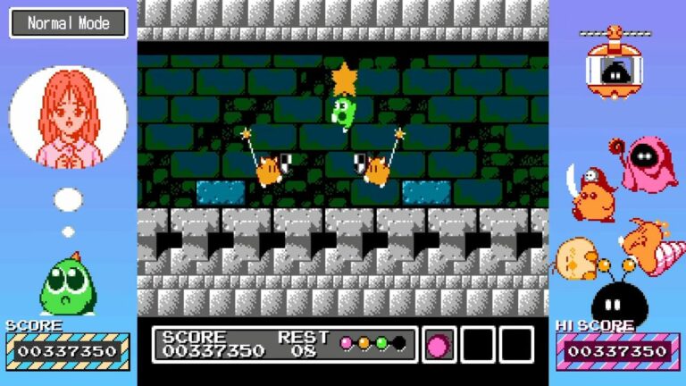 A screenshot from Gimmick! Special Edition showing the character jumping with a star above monsters with shields and maces