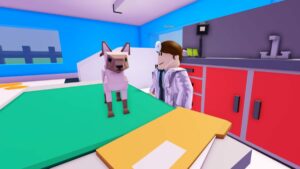 A cat being looked at by a doctor Roblox character in Pet Shelter Tycoon.