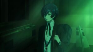 The main character from Persona 3 stands in a dark room with his school duffel bag on his back