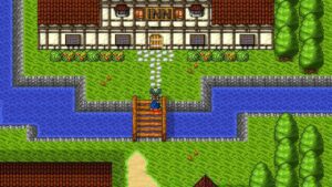 A character in a pixel world stands on a bridge outside of an Inn