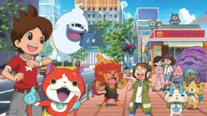 Characters from the Yokai Watch Netflix show stand together around a typical city sidewalk, with Yokai surrounding them