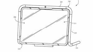 Apple loop case patent design drawings showing an iPad with a tube casing around the edge and a keyboard attached.