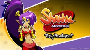 Shantae looks excited standing next to a Shantae Advance: Risky Revolution logo