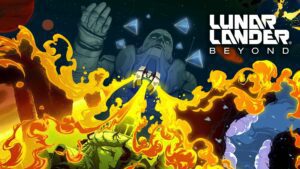 Promotional Art for Lunar Landing Beyond featuring a ship shooting out fire as it launches towards a large god-like figure