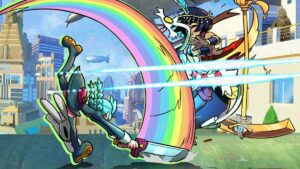 One Skullgirl character attacking another with a rainbow swing from their sword.