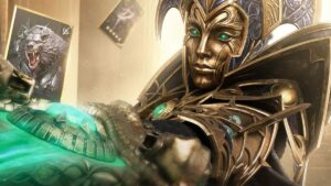 Golden armored character holding a bow with a glowing green arrow from Watcher Realms.