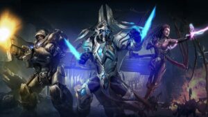 Promotional art from Starcraft 2 showing three different heroes in bulky armor