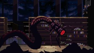 A large robotic snake in a library coils in preparation to launch at the player character