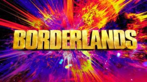 The Borderlands movie logo in front of a lot of multi-colored paint