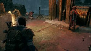 Three different player characters stand around looking at a puzzle in Remnant 2