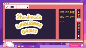 The sticker making screen from Sticky Business with stickers that say "Handmade Wholesome Games"