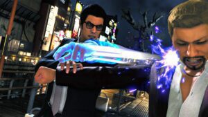 Kiryu wears sunglasses and punches a gangster with a glowing blue fist