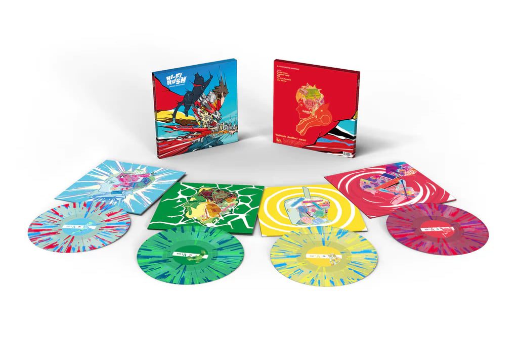 Uma coleção de quatro vinil tie-dye e suas capas da trilha sonora de Hi-Fi Rush Da Laced Records Limited Edition