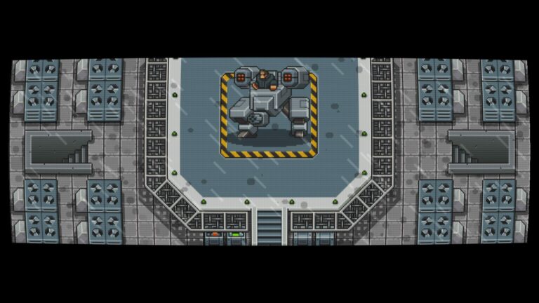 A man sits in a large mech with rockets after rising from a trap door in a Helipad