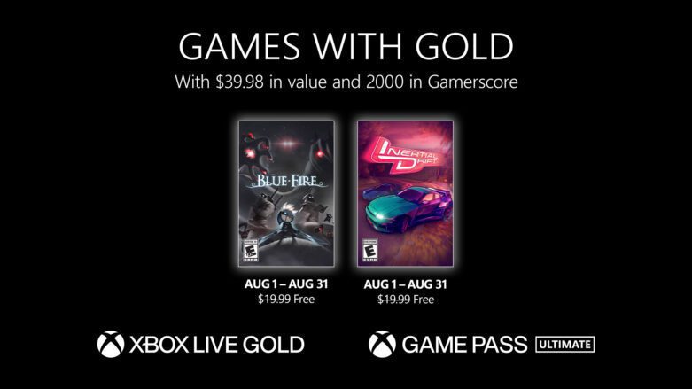 A imagem promocional Xbox Games With Gold com a capa para Blue Fire e inercial Drift