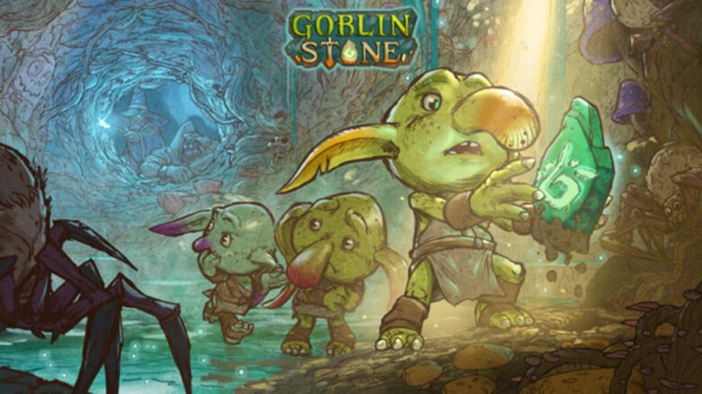 Três goblins tentam agarrar uma pedra e parecem preocupados quando uma aranha se aproxima pela direita.  Goblin Stone está acima das cabeças das criaturas