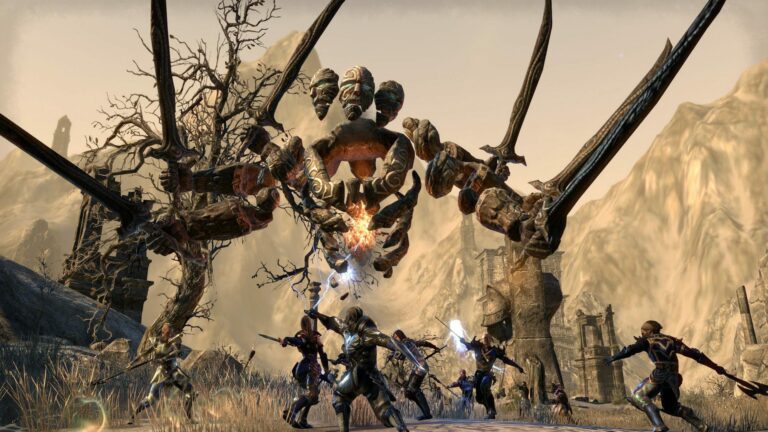 A bunch of characters from The Elder Scrolls online stand under a large bone monster