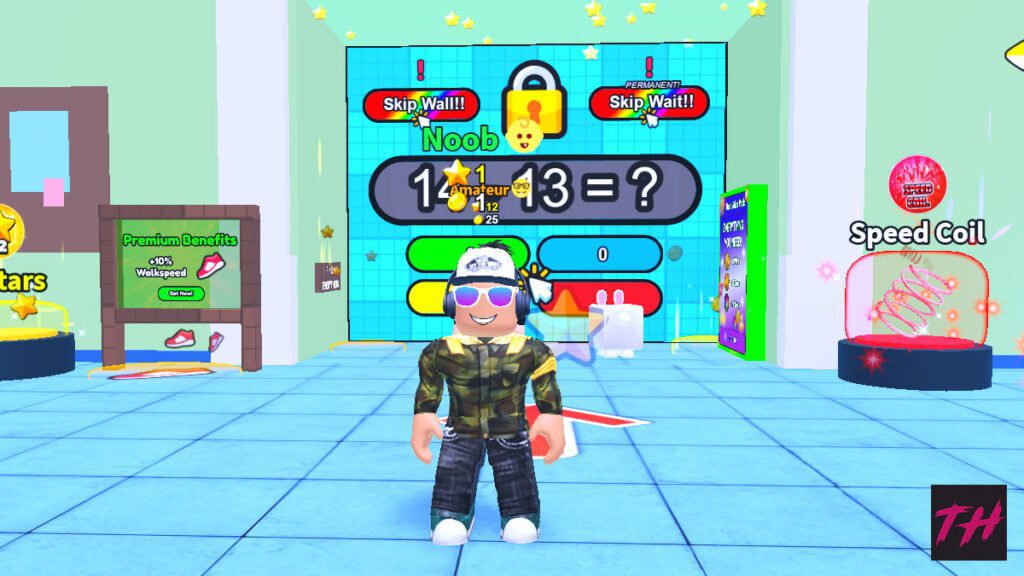 Personagem Roblox no Math Wall Simulator parado em frente a uma parede de equações matemáticas.